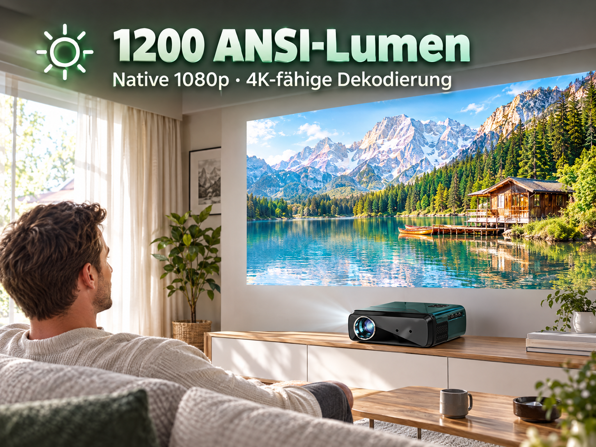 Ein Mann sitzt auf dem Sofa und schaut auf eine große Projektion mit Berglandschaft.