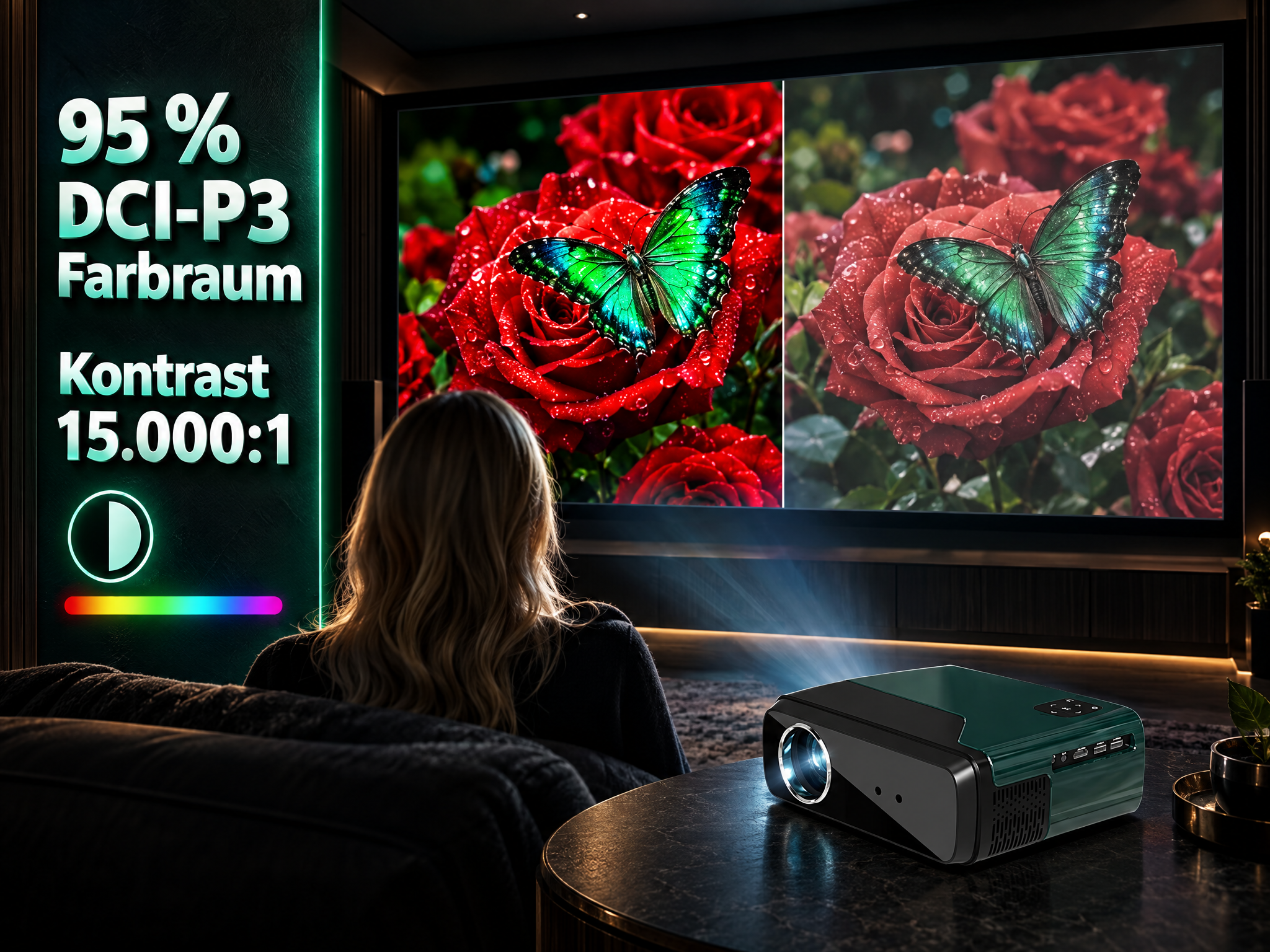 Eine Frau sitzt auf einer Couch und schaut einen Beamerfilm auf großer Leinwand mit rotem Rosen- und Schmetterlingsmotiv.