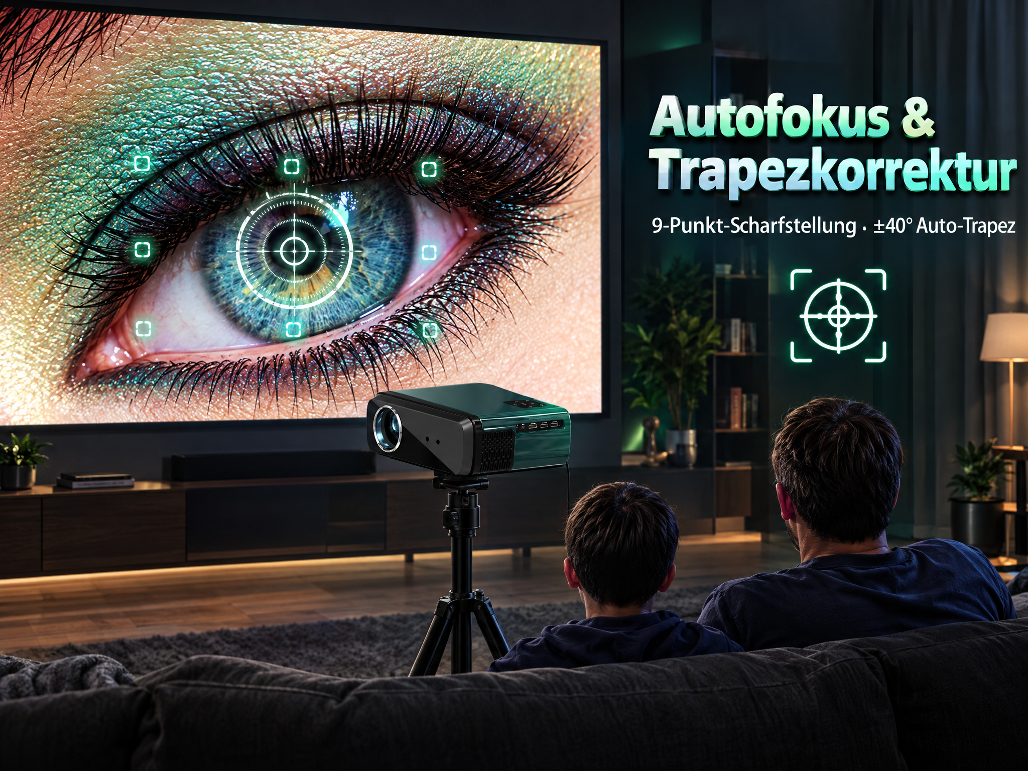 Ein Projektor zeigt ein riesiges Auge auf einer Leinwand, während zwei Personen auf einem Sofa zuschauen.