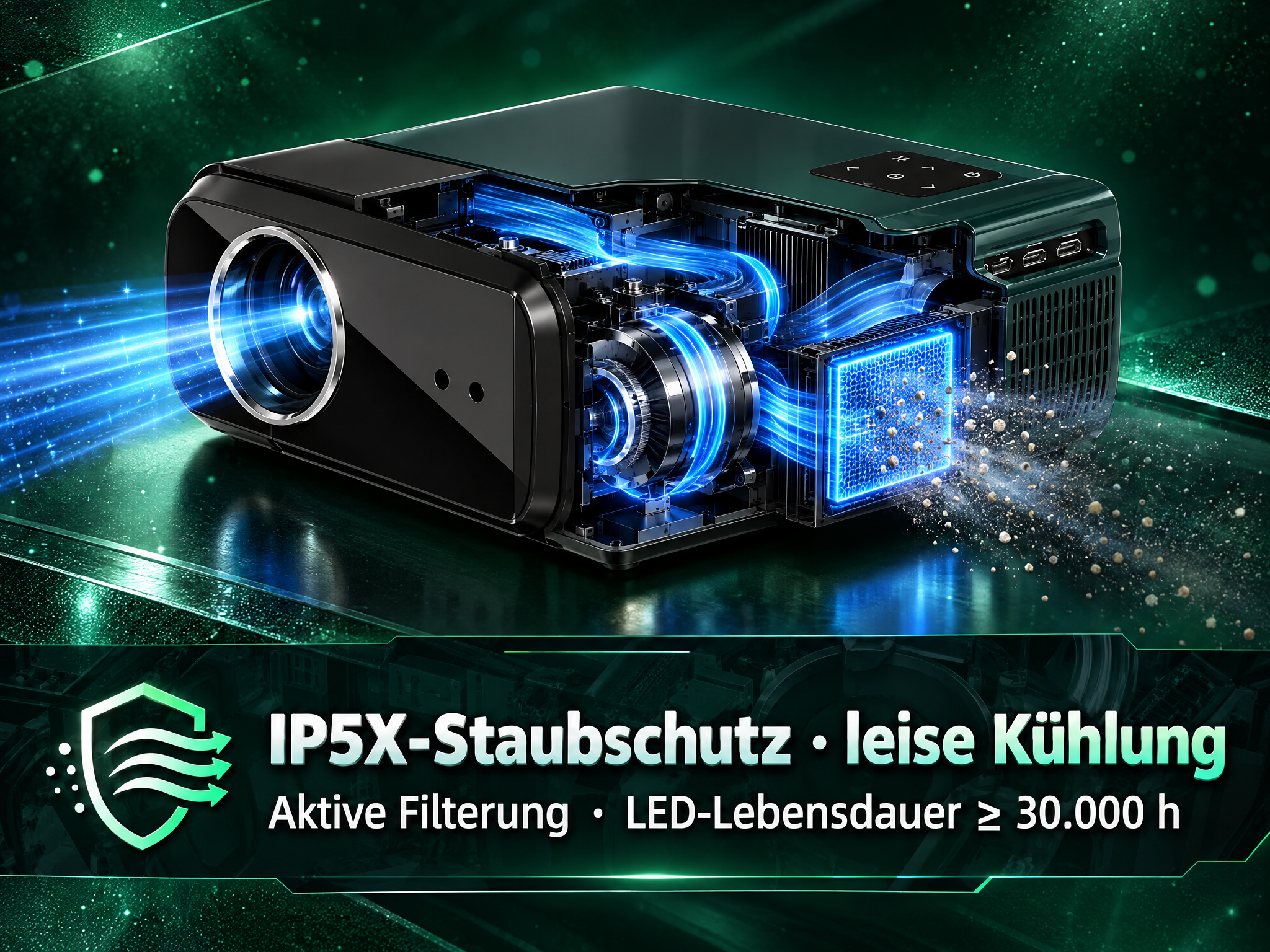 Diagramm eines Beamers mit blauen Luftströmen und staubfilterndem Kühlsystem auf grünem Hintergrund.