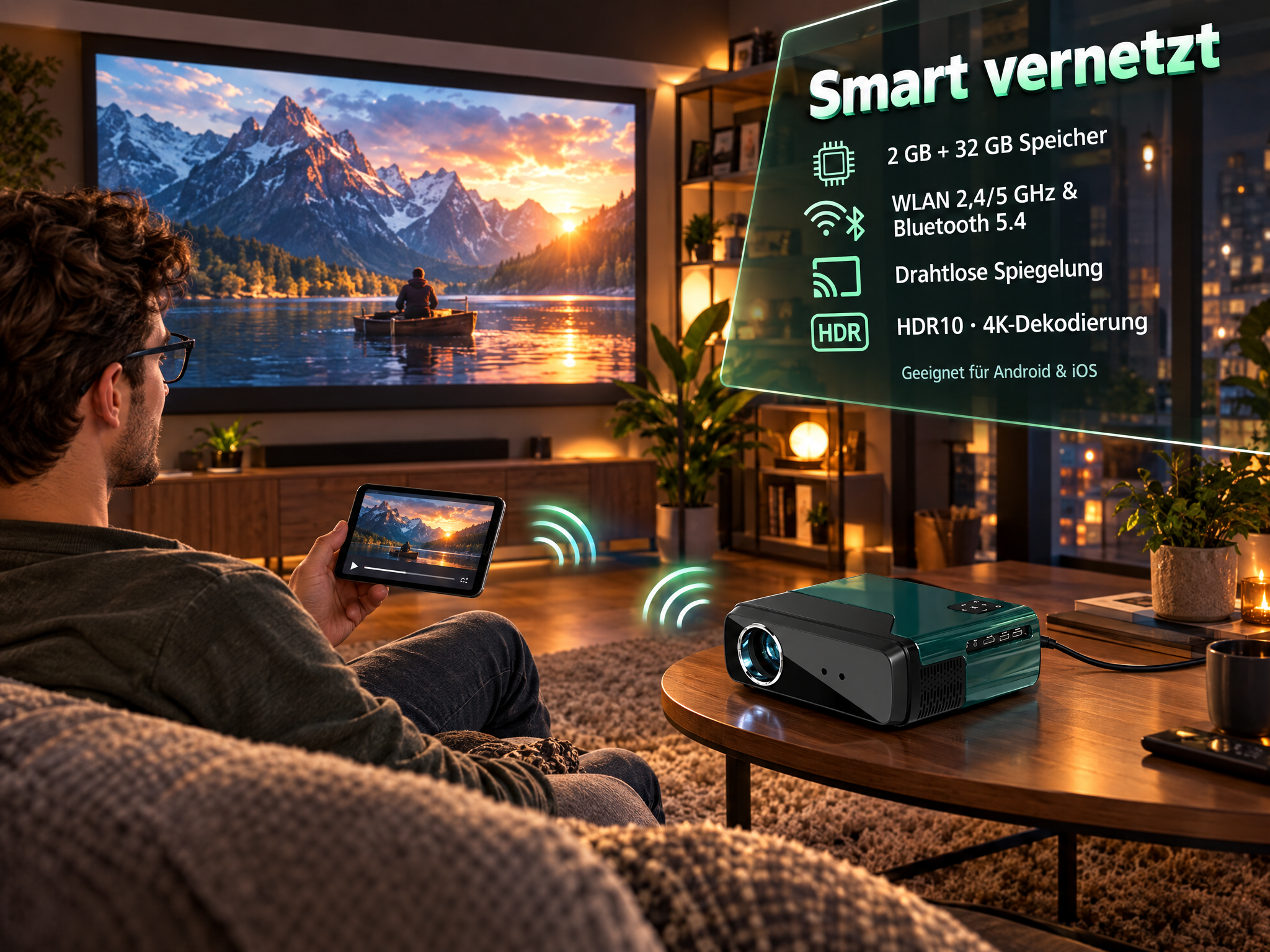 Ein Mann sitzt auf einer Couch, hält ein Tablet und streamt per Beamer auf eine Leinwand.