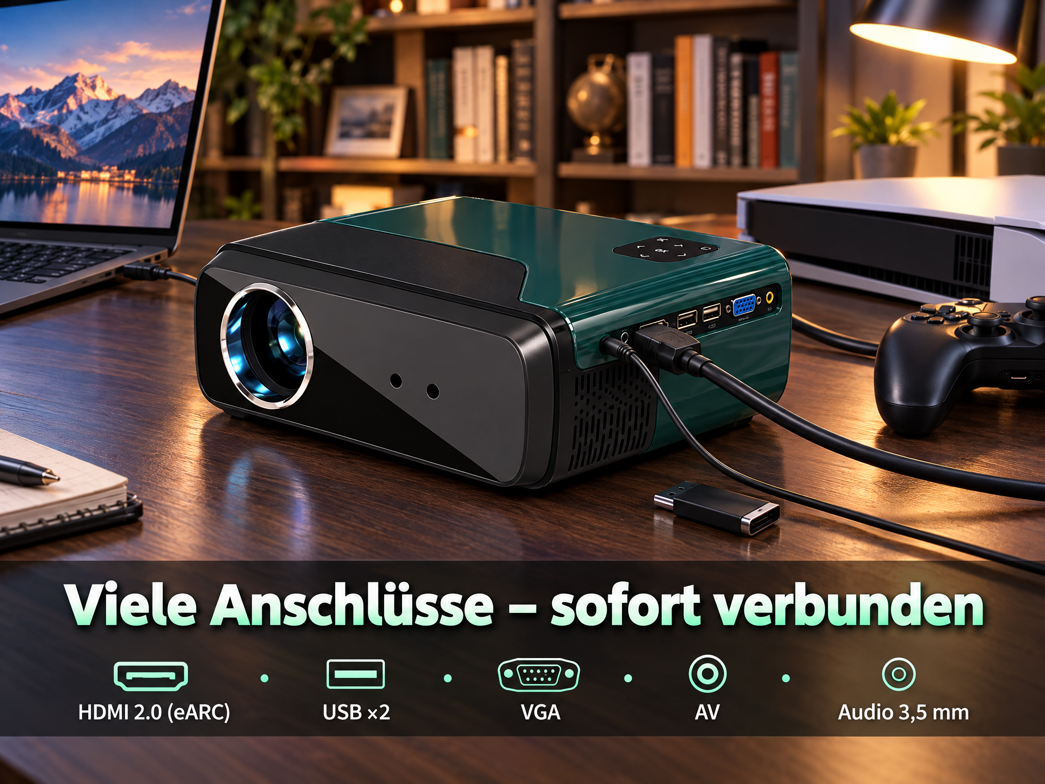 Ein grün-schwarzer Beamer steht auf einem Holztisch mit Kabeln, einem Laptop und Symbolen für Anschlüsse.