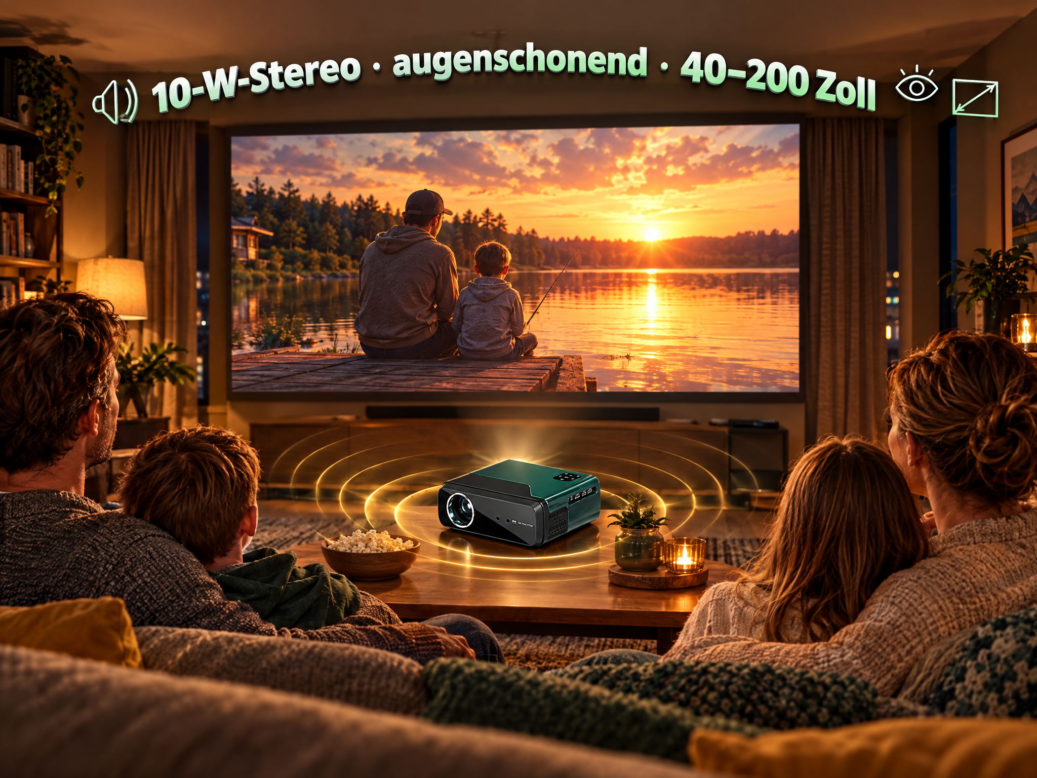 Eine Familie sitzt auf einem Sofa und schaut einen Film auf einer großen Leinwand, projiziert von einem Beamer.