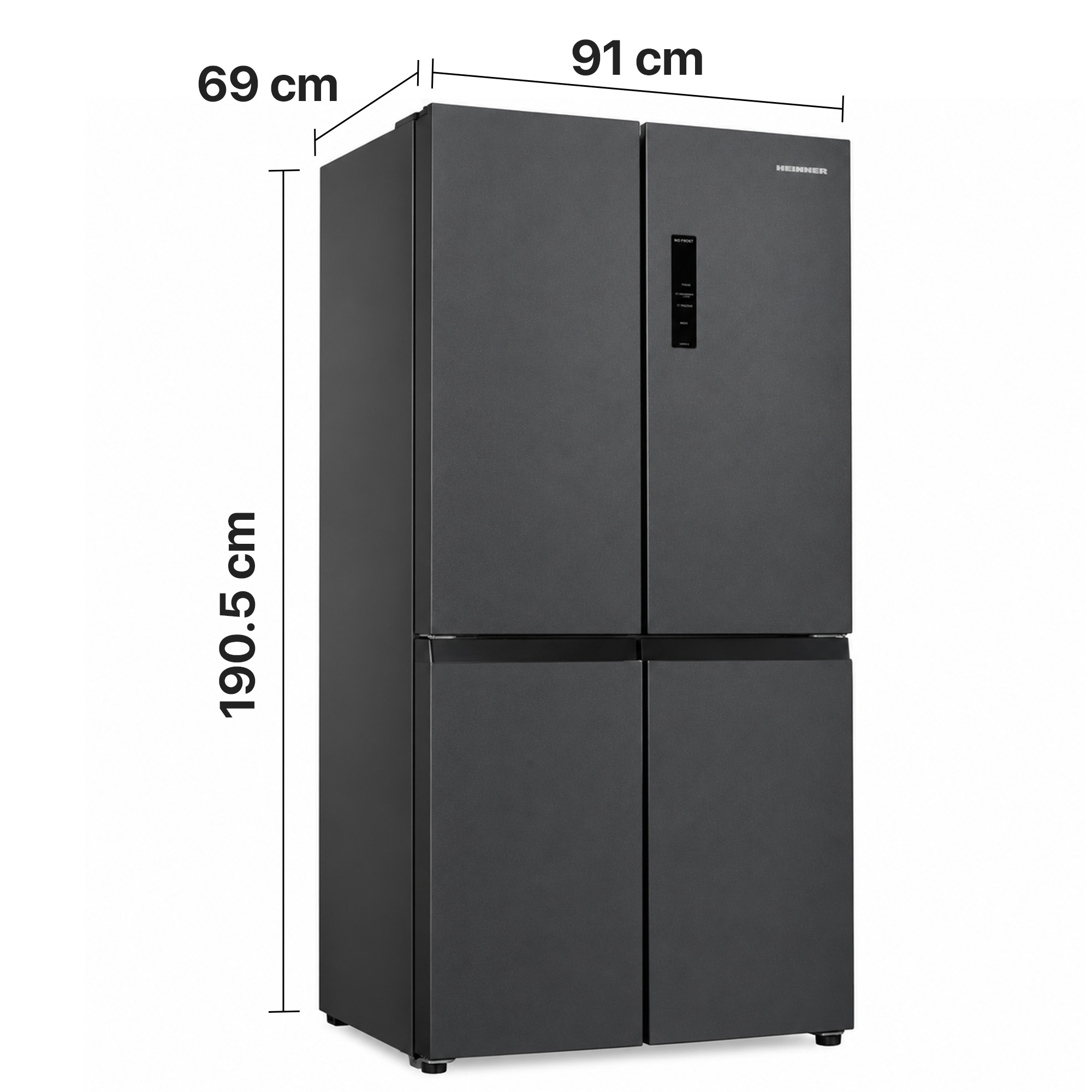 Un réfrigérateur gris Heinner à quatre portes avec des dimensions de 91 cm de largeur, 69 cm de profondeur et 190,5 cm de hauteur.