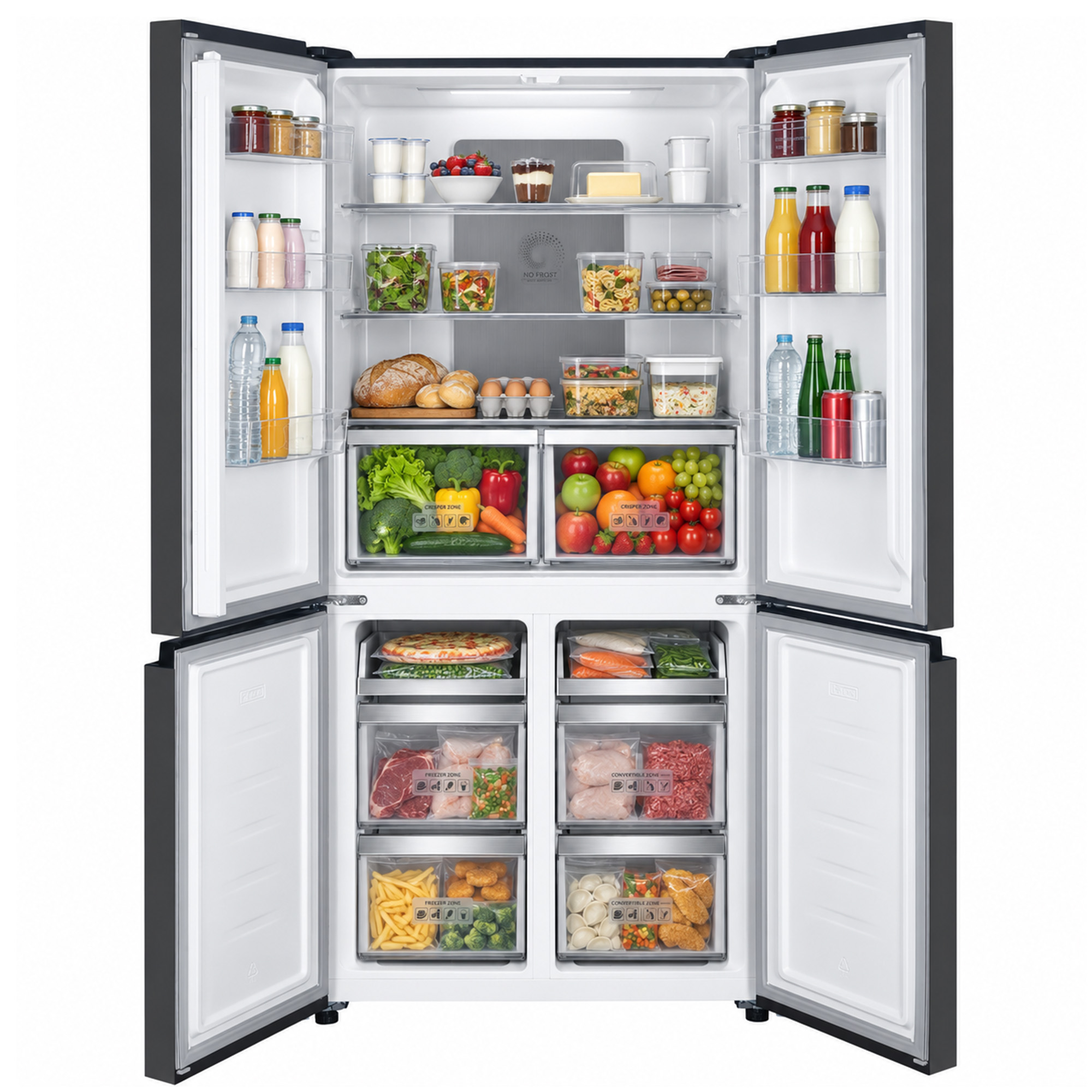 Un réfrigérateur à quatre portes ouvert et bien garni d'aliments frais, de légumes, de boissons et de surgelés.