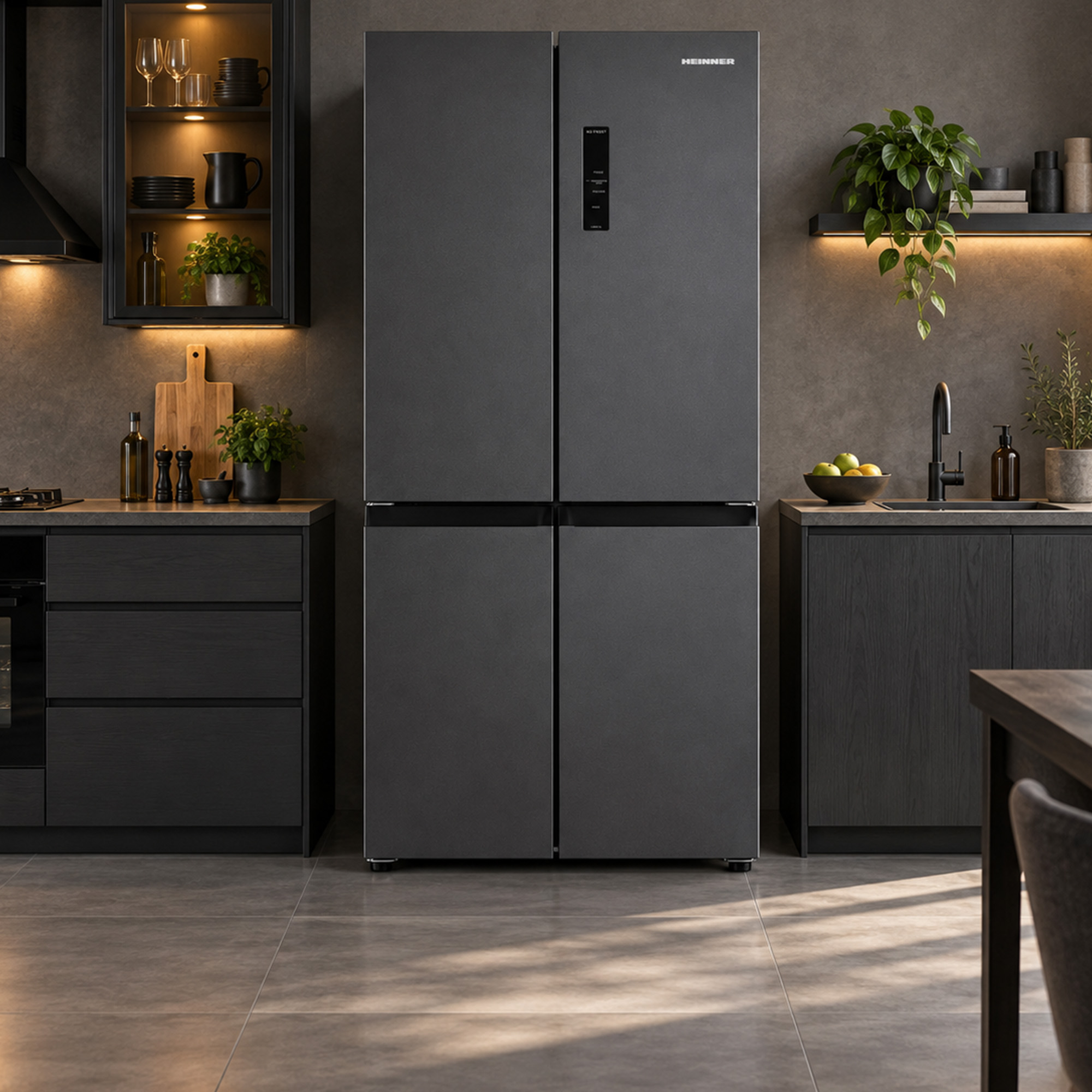 Réfrigérateur-congélateur Heinner gris moderne à quatre portes dans une cuisine sombre élégante.