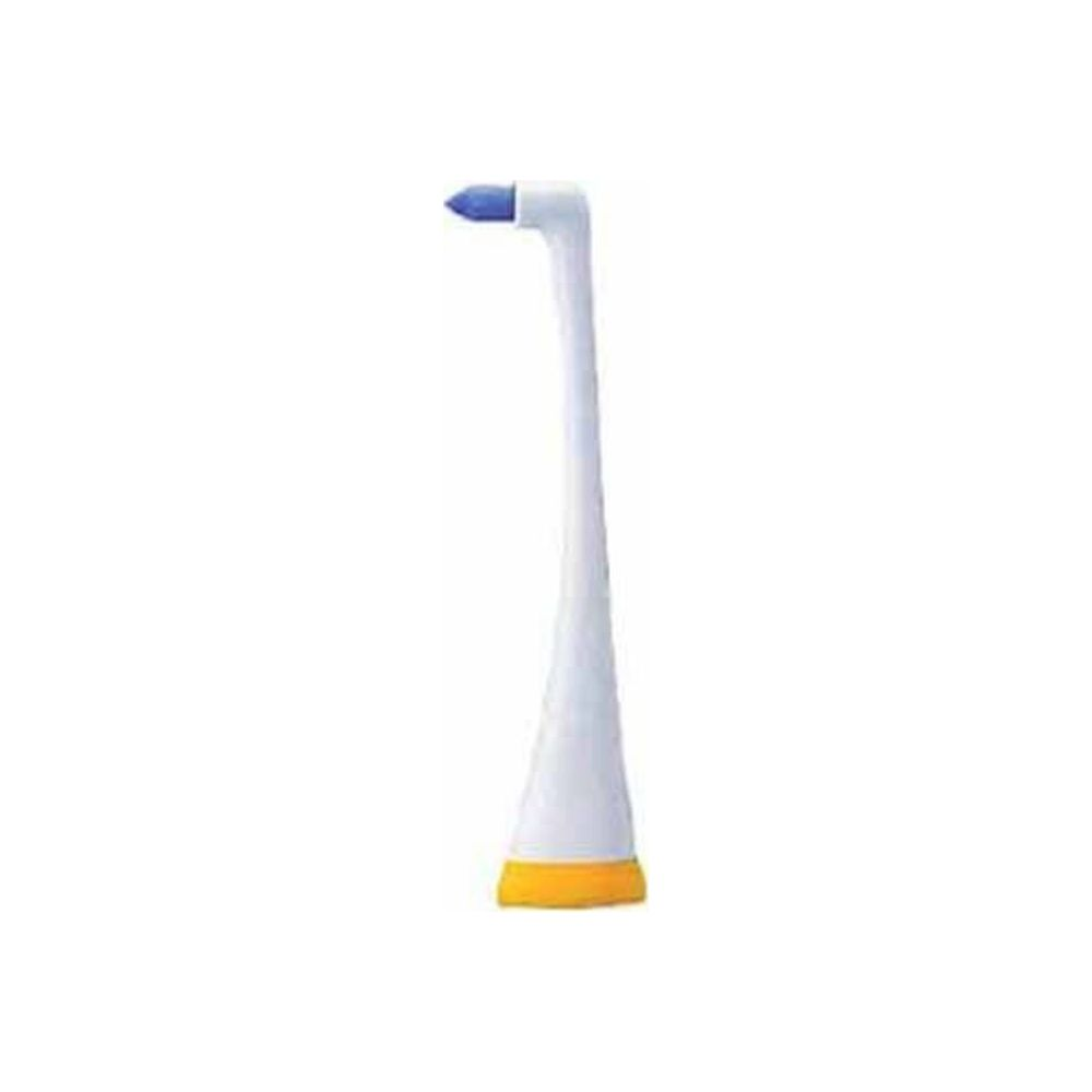Une tête de brosse à dents électrique blanche avec un embout bleu et une base jaune.