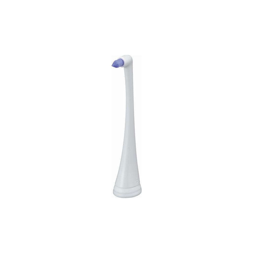 Une tête de brosse à dents électrique blanche avec un embout en caoutchouc violet.