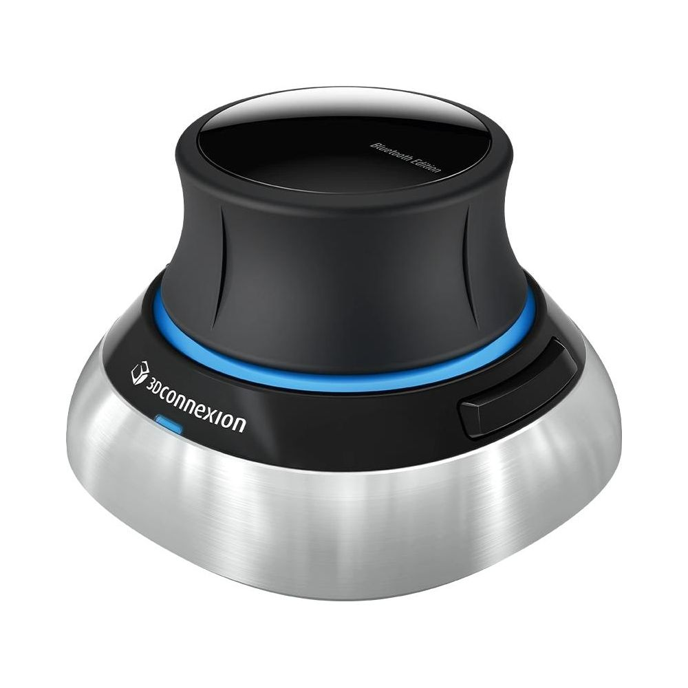 Un ratón 3D negro de 3Dconnexion con base de metal plateado y un anillo azul brillante.