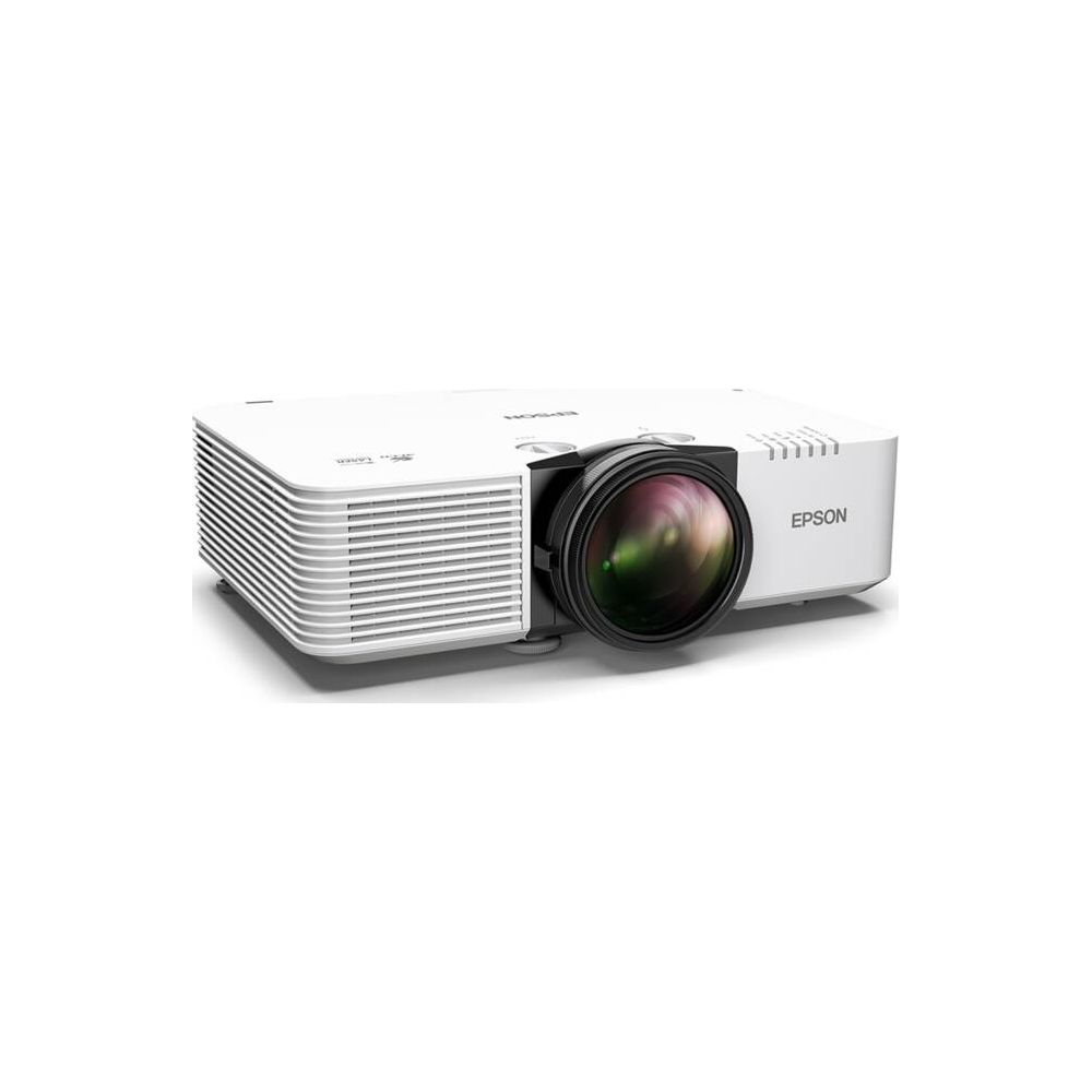 Een witte Epson digitale projector met grote lens op een witte achtergrond.