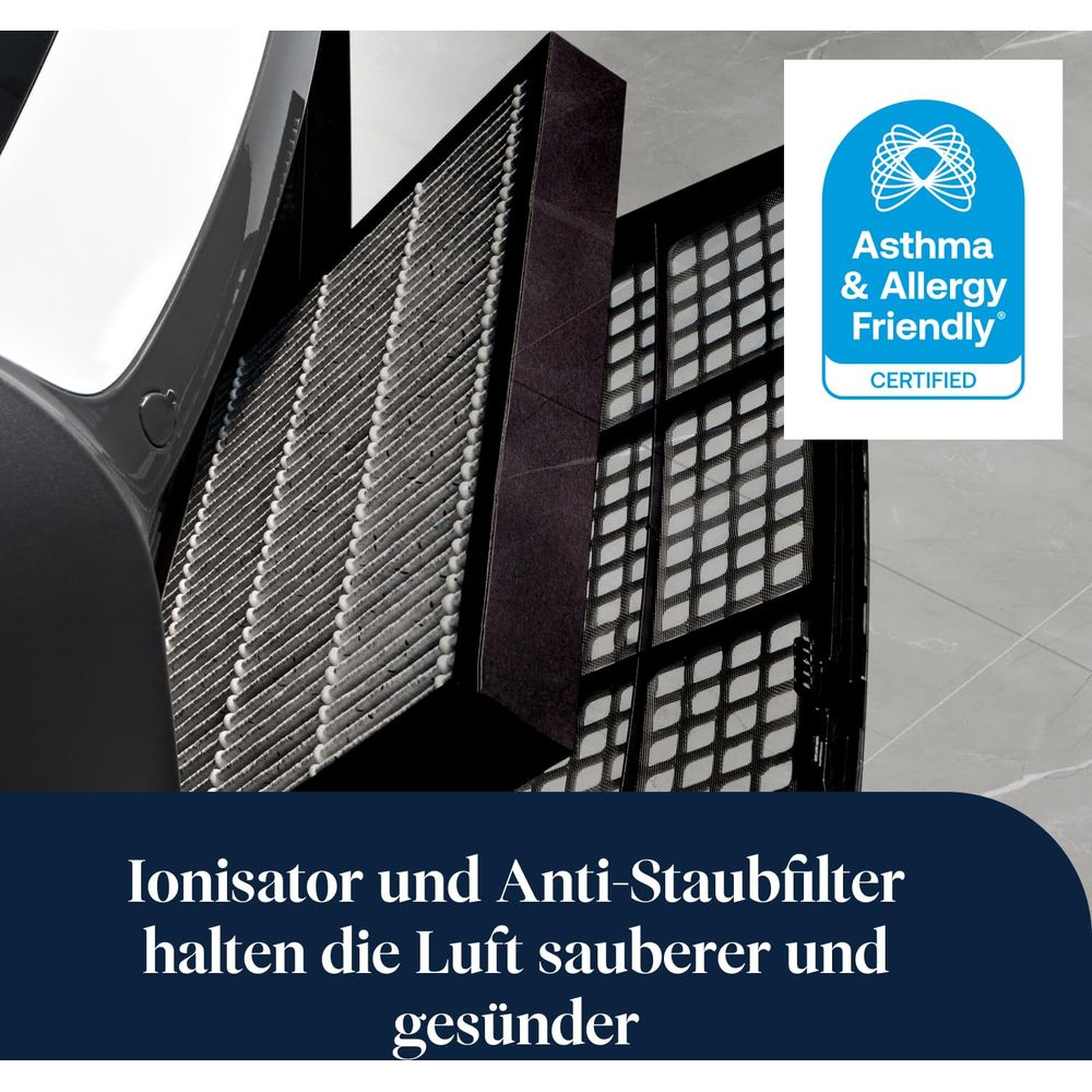 Purificador de aire con filtro de carbón y certificación Asthma & Allergy Friendly sobre fondo gris.