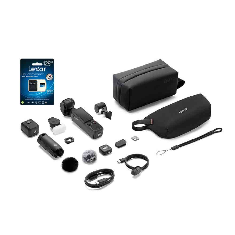 Beyaz arka planda aksesuarlar, MicroSD kart ve taşıma çantalarıyla DJI Osmo Pocket kamera.