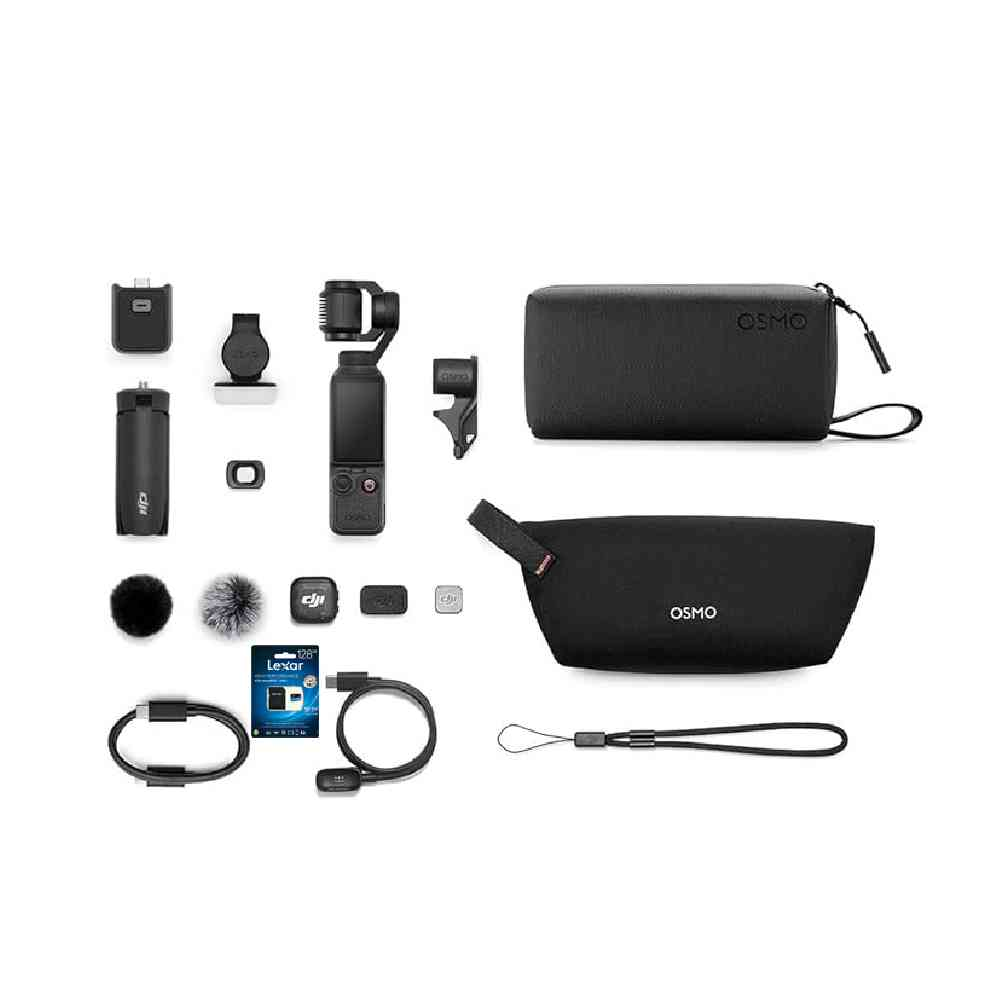 Beyaz arka planda çeşitli aksesuarlar, hafıza kartları ve kılıflarla birlikte sergilenen DJI Osmo Pocket kamera.