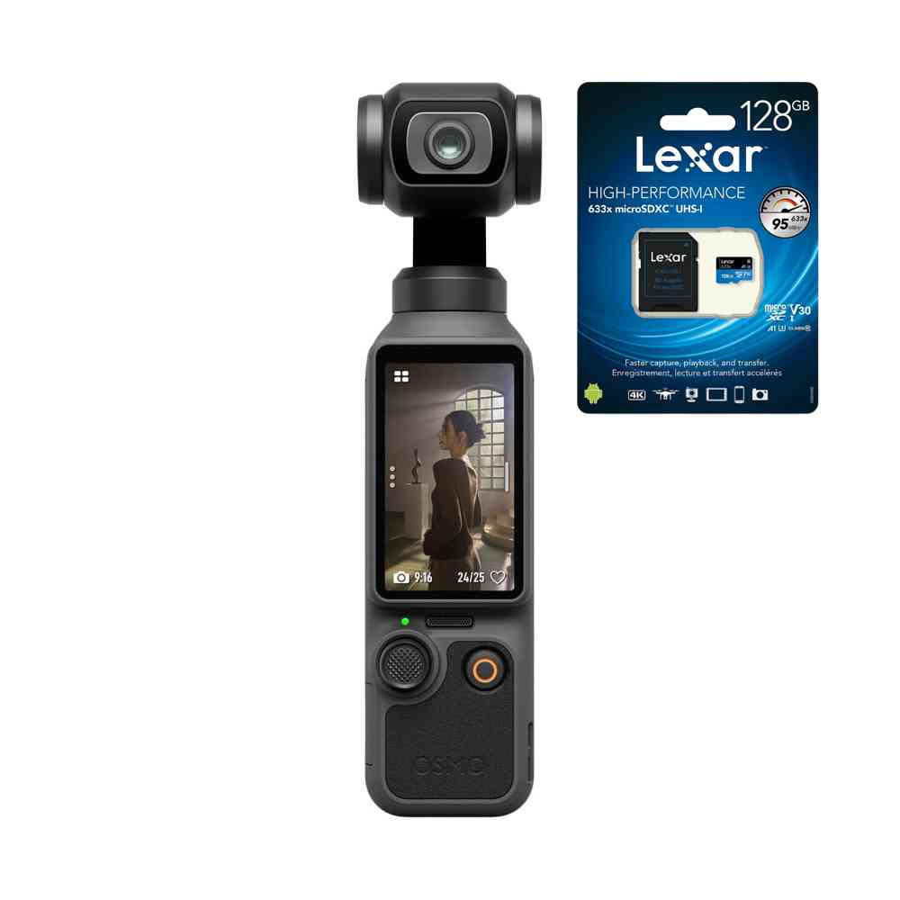 Beyaz arka planda kompakt bir Osmo Pocket kamera ve bir Lexar 128GB microSD kart.