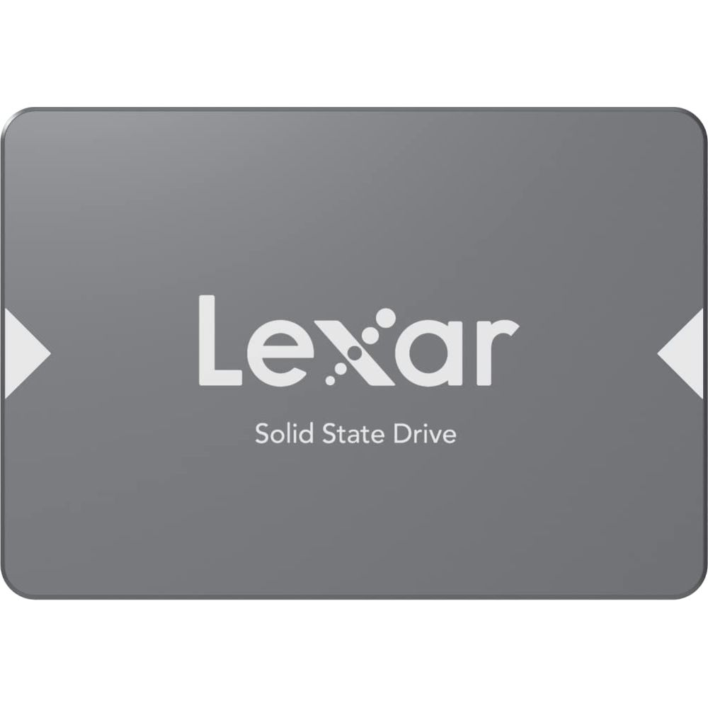 Ein graues Lexar Solid State Drive mit weißem Markenlogo und Pfeilen an den Rändern.