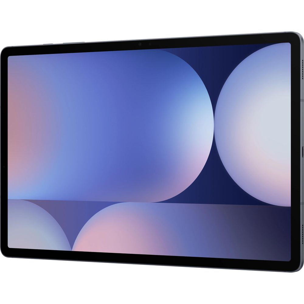 Ein Tablet mit dunklem Rand zeigt einen blauen Bildschirm mit geometrischen Mustern.