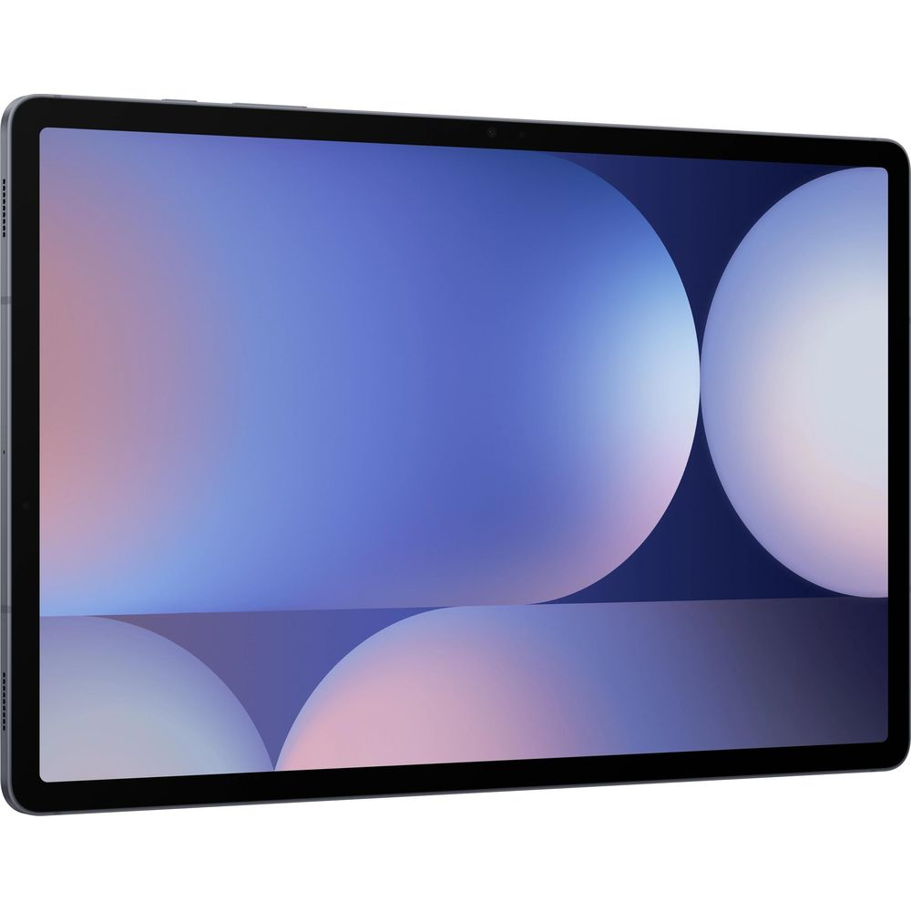 Ein Tablet mit dunklem Rahmen zeigt ein blaues abstraktes Hintergrundbild mit großen, weich leuchtenden Kugeln.