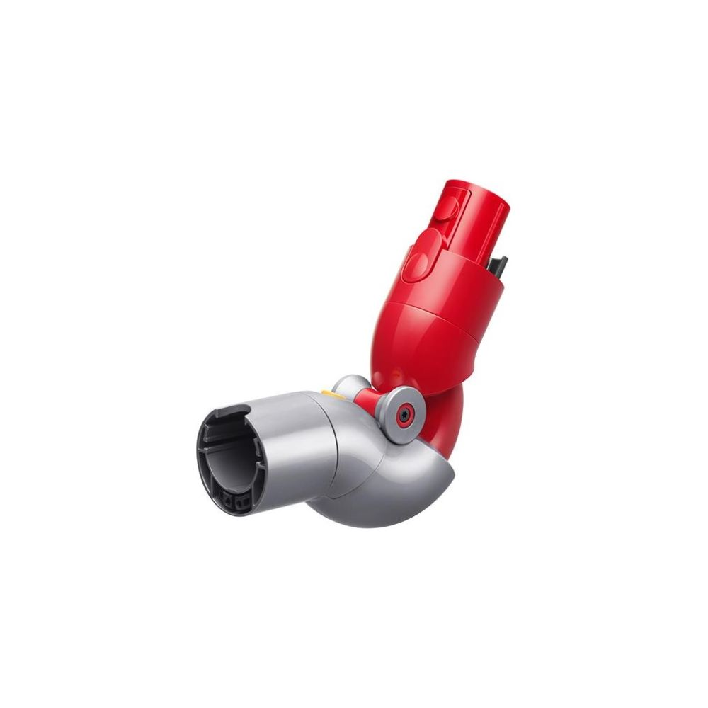 Un adaptateur d'aspirateur coudé rouge et argenté avec charnière sur fond blanc.