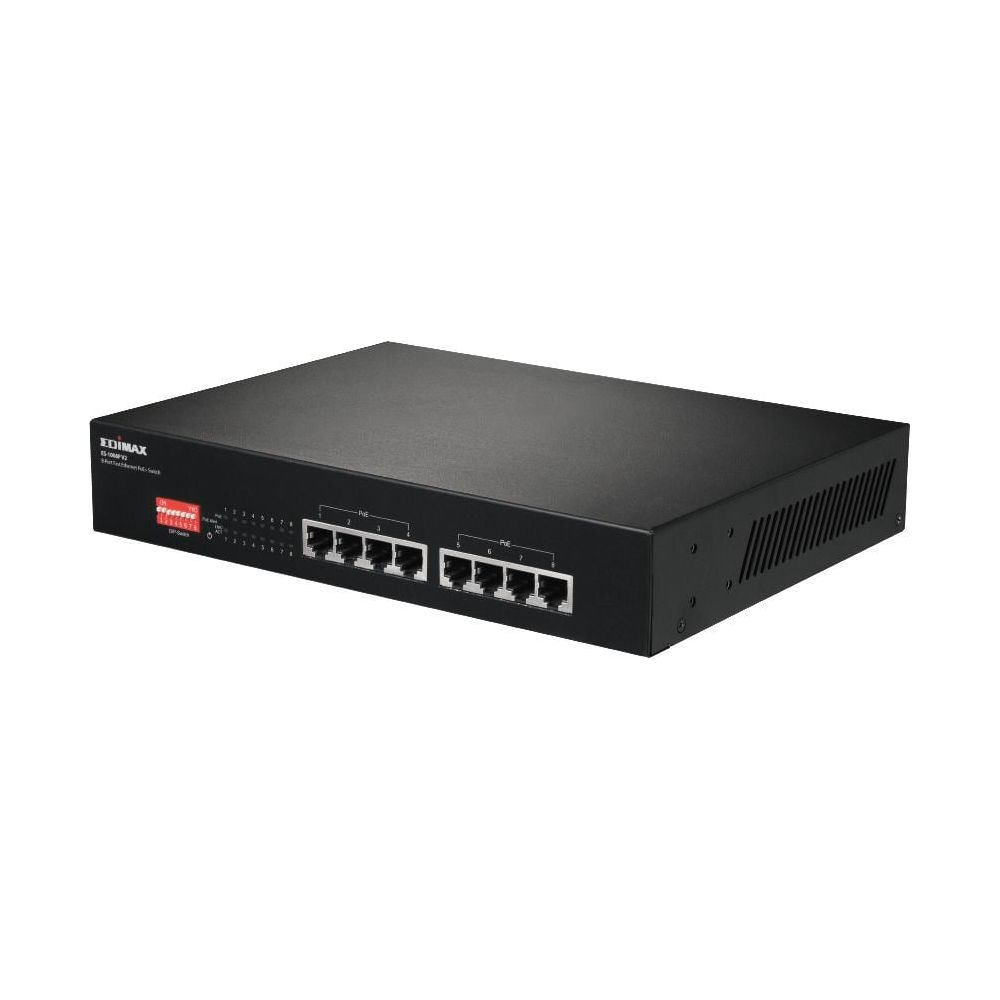 Conmutador PoE Fast Ethernet Edimax negro con ocho puertos en una superficie blanca.