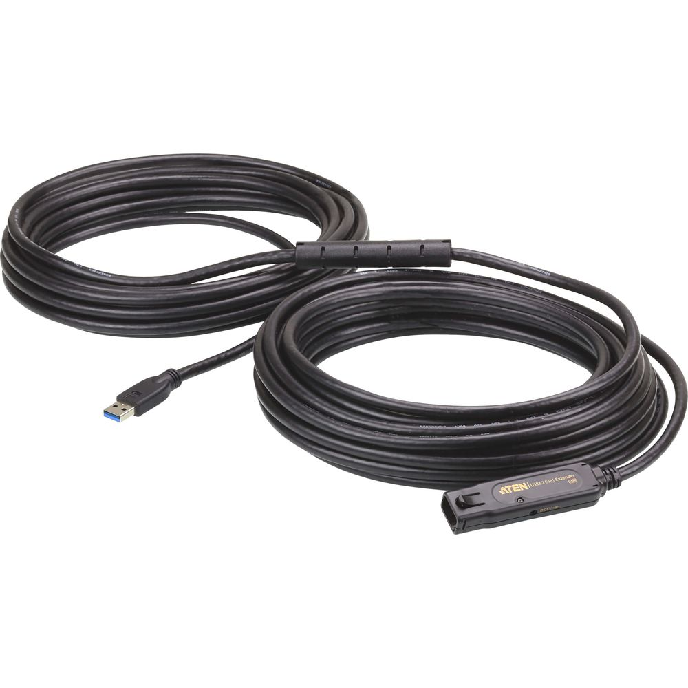 Dos cables USB negros enrollados con un conector USB azul y un adaptador ATEN sobre fondo blanco.
