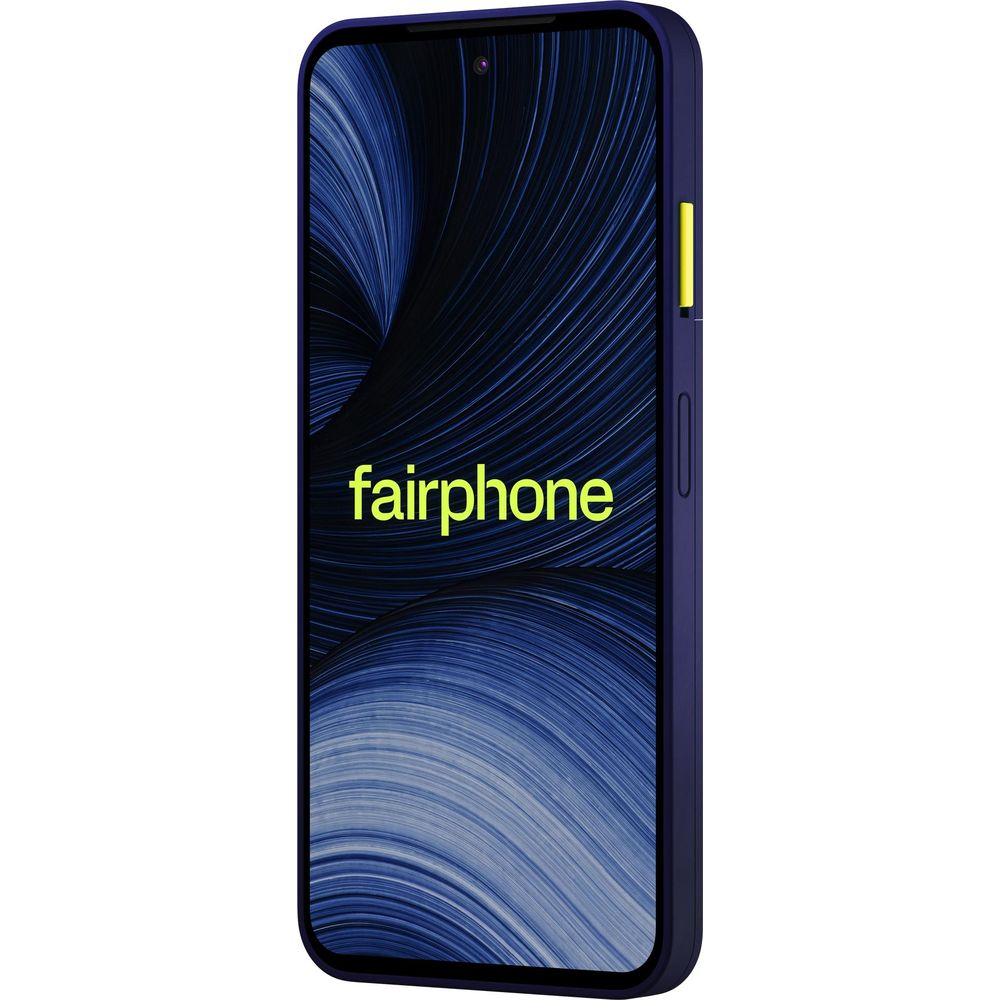 Ein blaues Fairphone mit gelbem Power-Button und blau-gewelltem Display-Hintergrund.