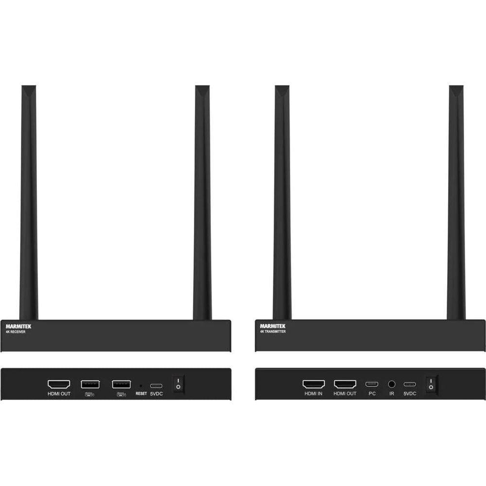 Zwei schwarze Marmitek-Geräte mit Antennen sowie Ansichten ihrer Rückseiten mit HDMI-, USB- und Stromanschlüssen.