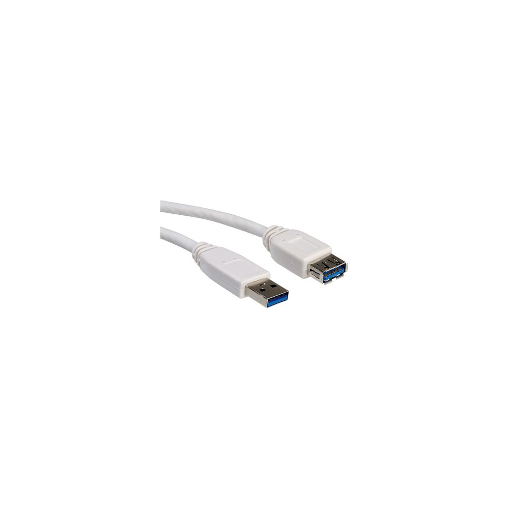 Un cable de extensión USB 3.0 blanco con extremos macho y hembra sobre fondo blanco.
