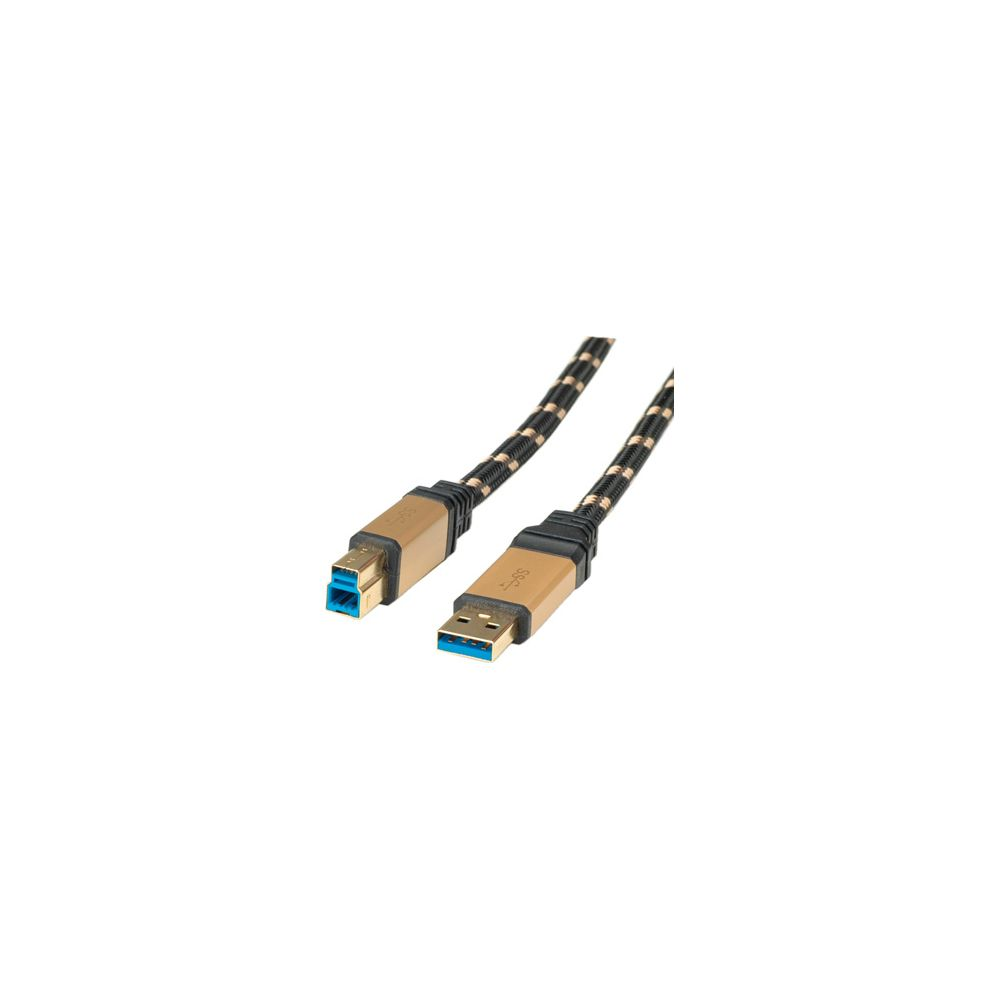 Ein USB 3.0 Kabel mit schwarz-goldenem Nylonmantel und goldenen Steckern auf weißem Hintergrund.