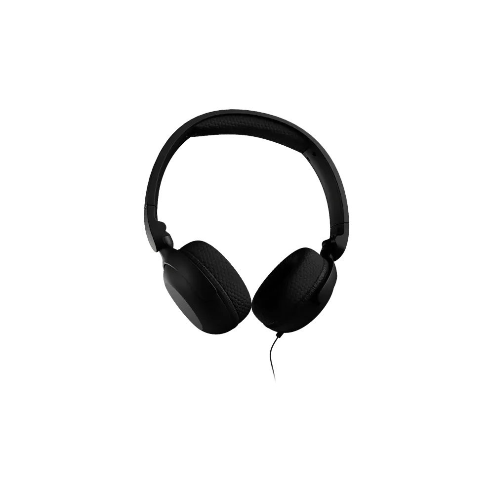 Cuffie on-ear nere con archetto imbottito e padiglioni auricolari su sfondo nero.