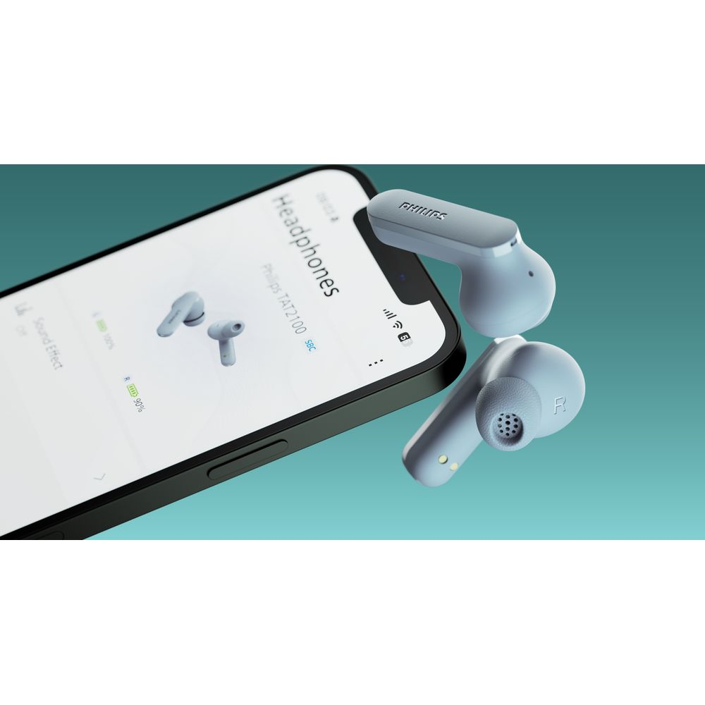 Auricolari in-ear Philips blu accanto a uno smartphone con l'app delle cuffie.