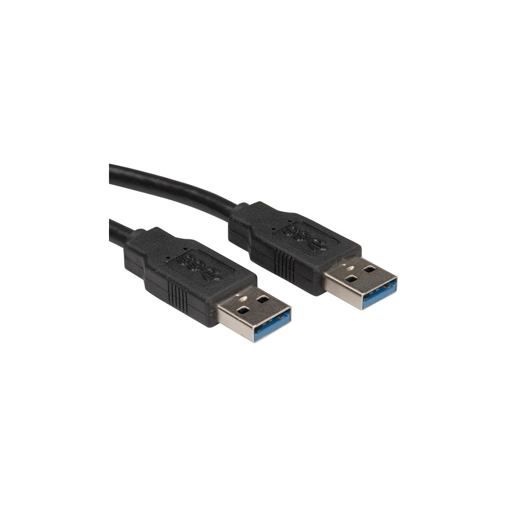 Zwei schwarze USB-Kabel mit blauen Steckern auf weißem Hintergrund.