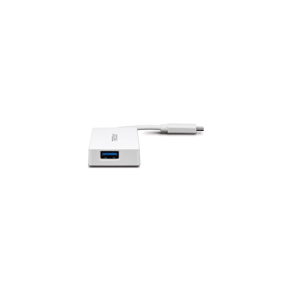 Un concentrateur USB-C blanc avec un port USB visible et un câble attaché sur fond blanc.