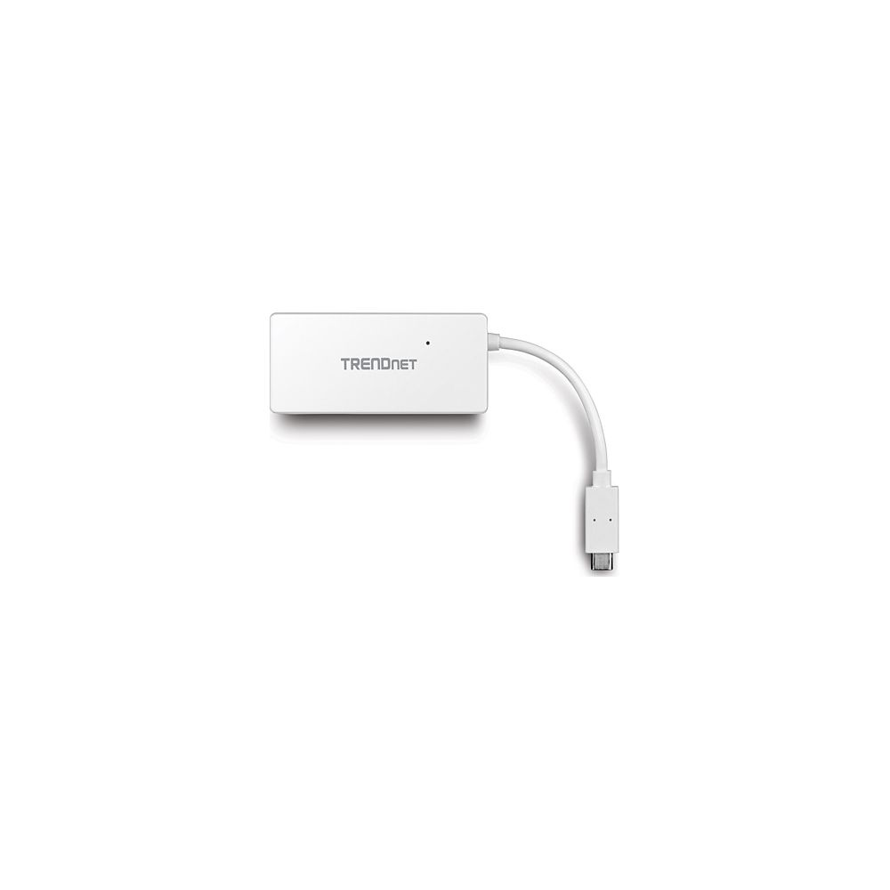 Un adaptateur USB-C Trendnet blanc avec un court câble sur fond blanc.