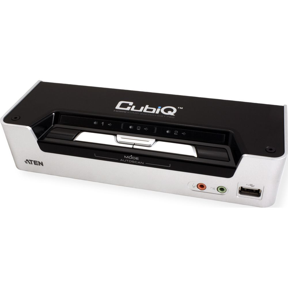 Un conmutador CubiQ HDMI KVMP plateado y negro con puertos y botones en el panel frontal.