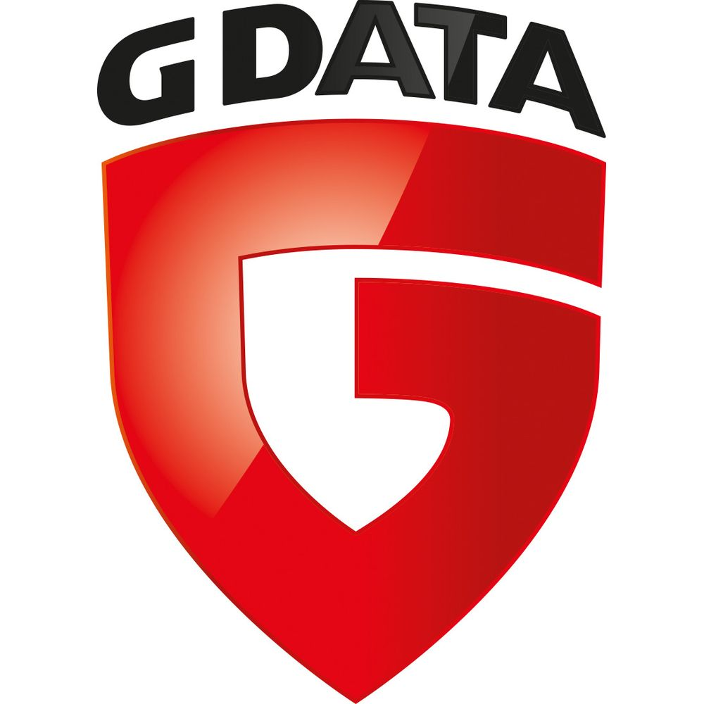 Il logo G DATA presenta uno scudo rosso con una forma bianca e la scritta nera G DATA in cima.