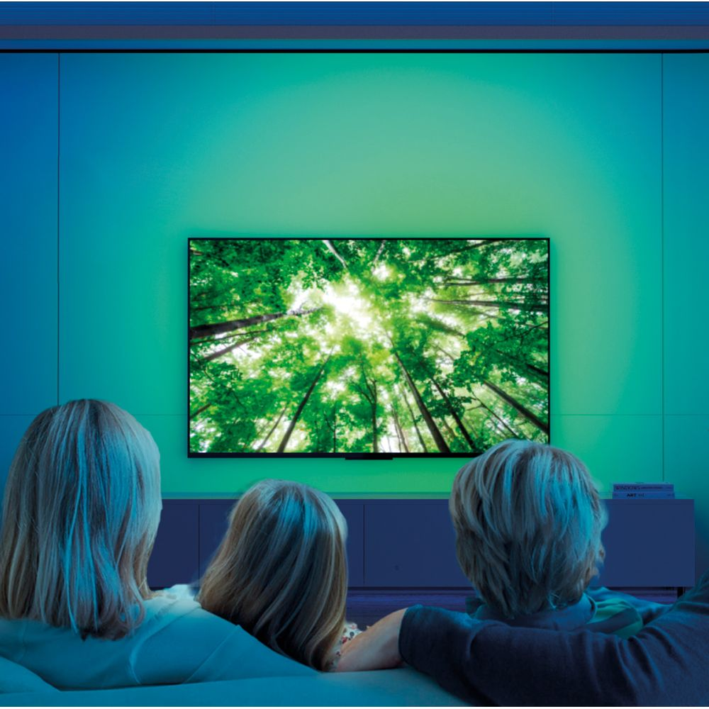 Tres personas sentadas en un sofá ven la televisión con una escena de bosque y luz ambiental.