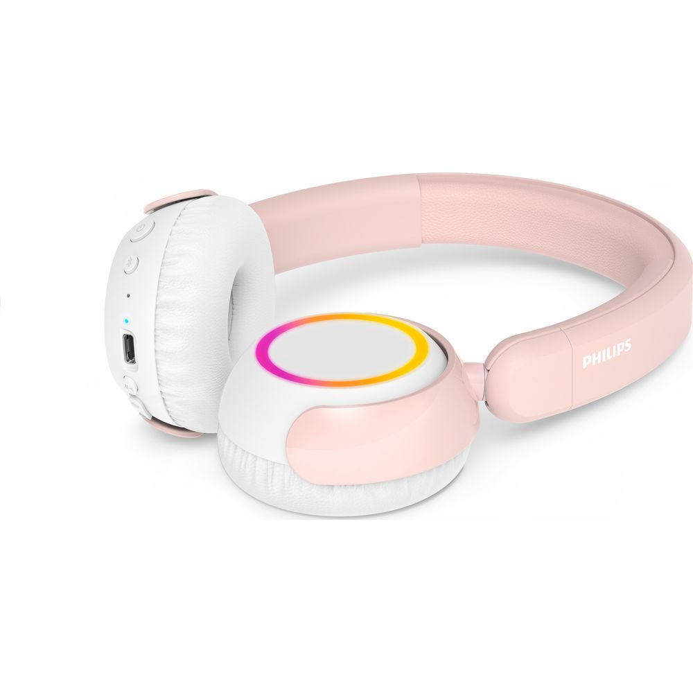 Casque Philips rose et blanc avec anneau LED coloré sur l'écouteur, sur fond blanc.