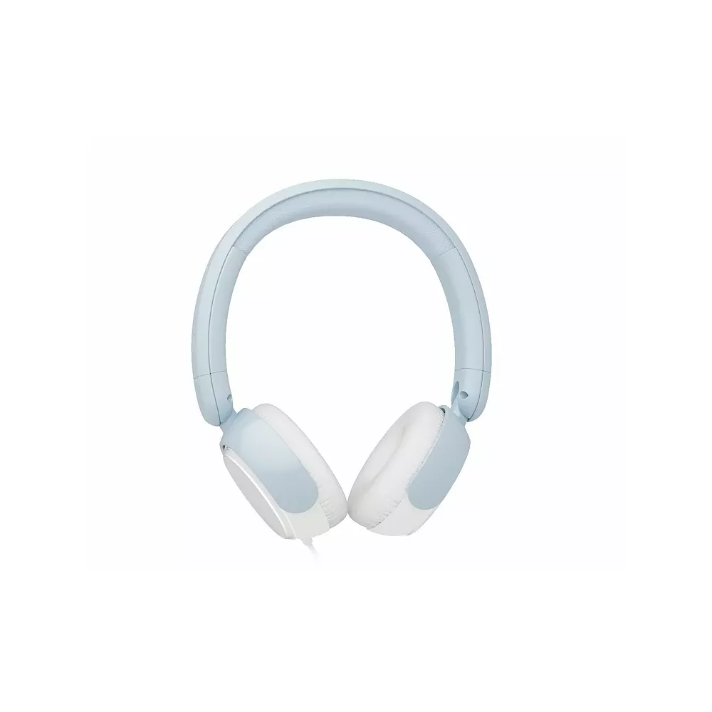 Lichtblauwe over-ear koptelefoon met witte oorkussens op een witte achtergrond.