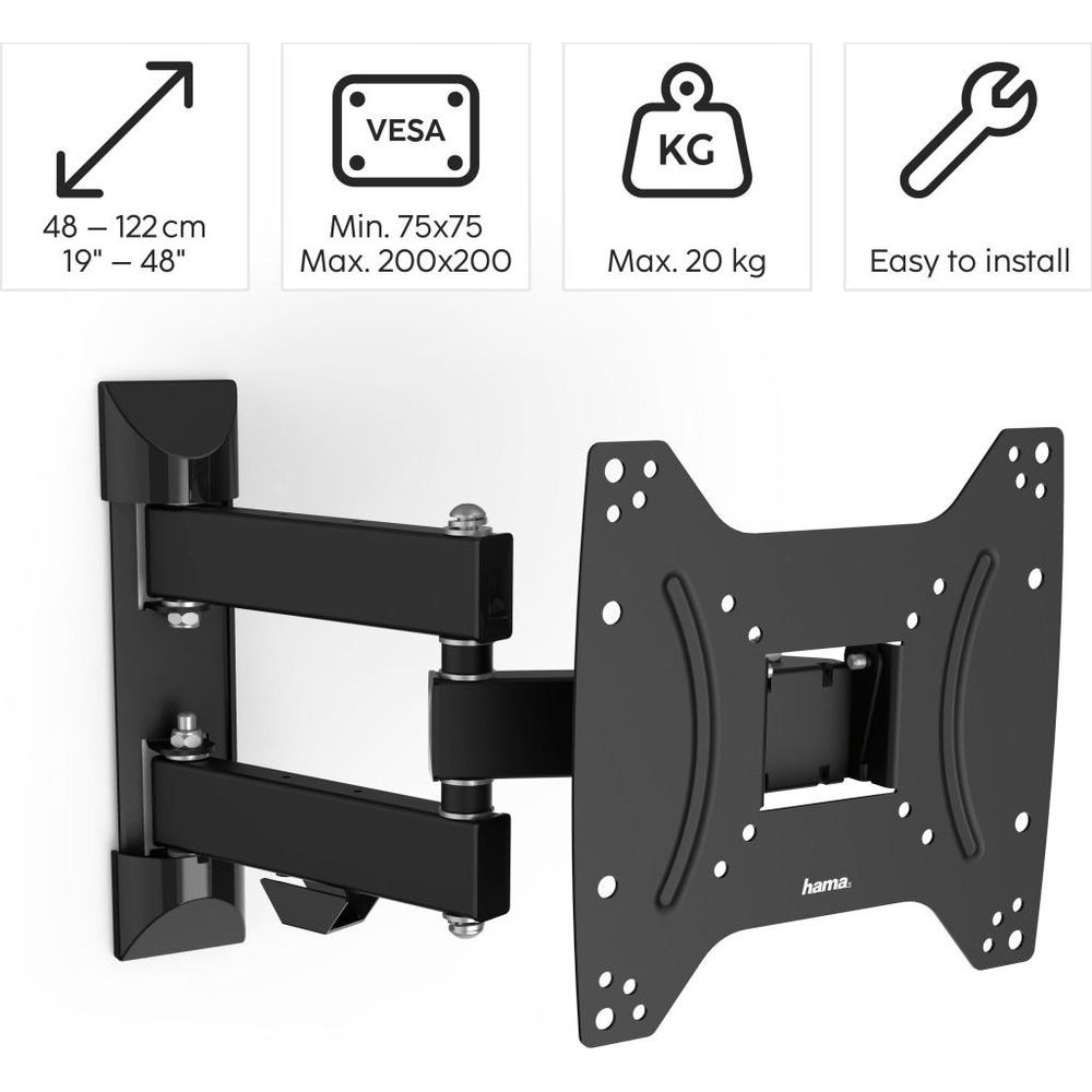 Soporte de pared para TV negro con brazo articulado y cuatro infografías.