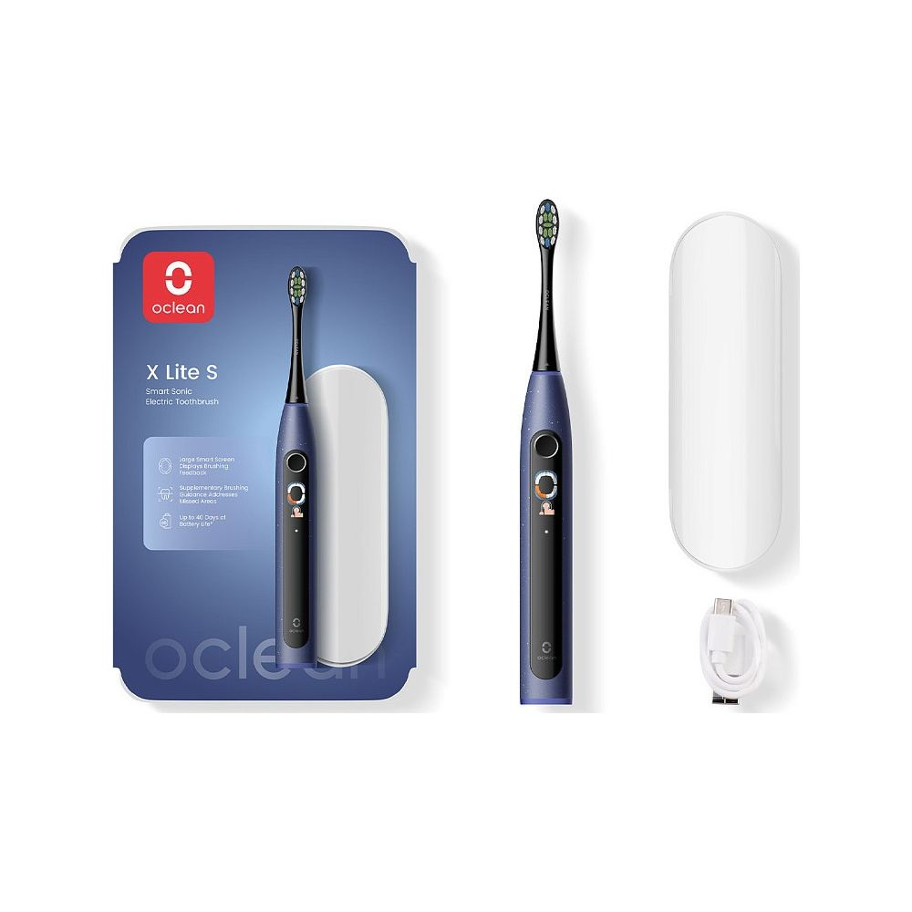 Spazzolino elettrico blu Oclean X Lite S con confezione, astuccio bianco e cavo.