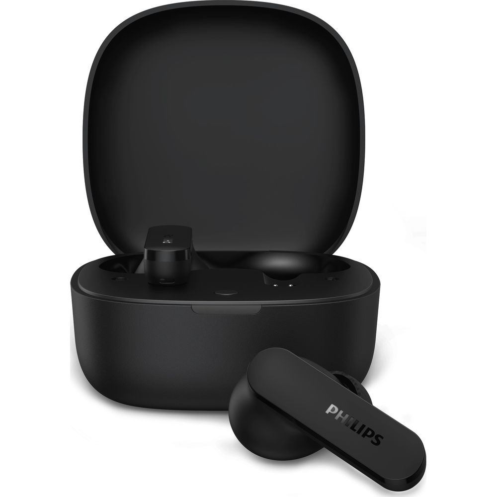 Custodia di ricarica nera con coperchio aperto e auricolari wireless Philips su sfondo bianco.