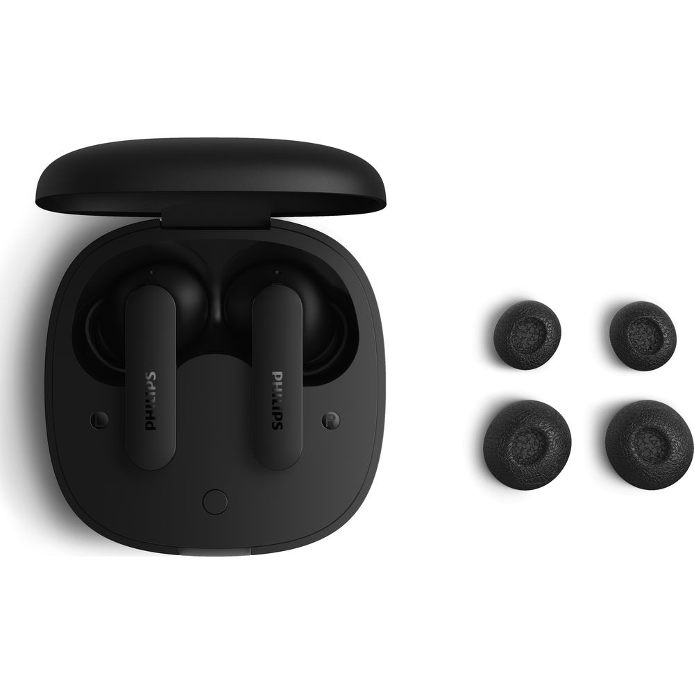 Auricolari wireless Philips neri in custodia di ricarica con quattro gommini di ricambio.