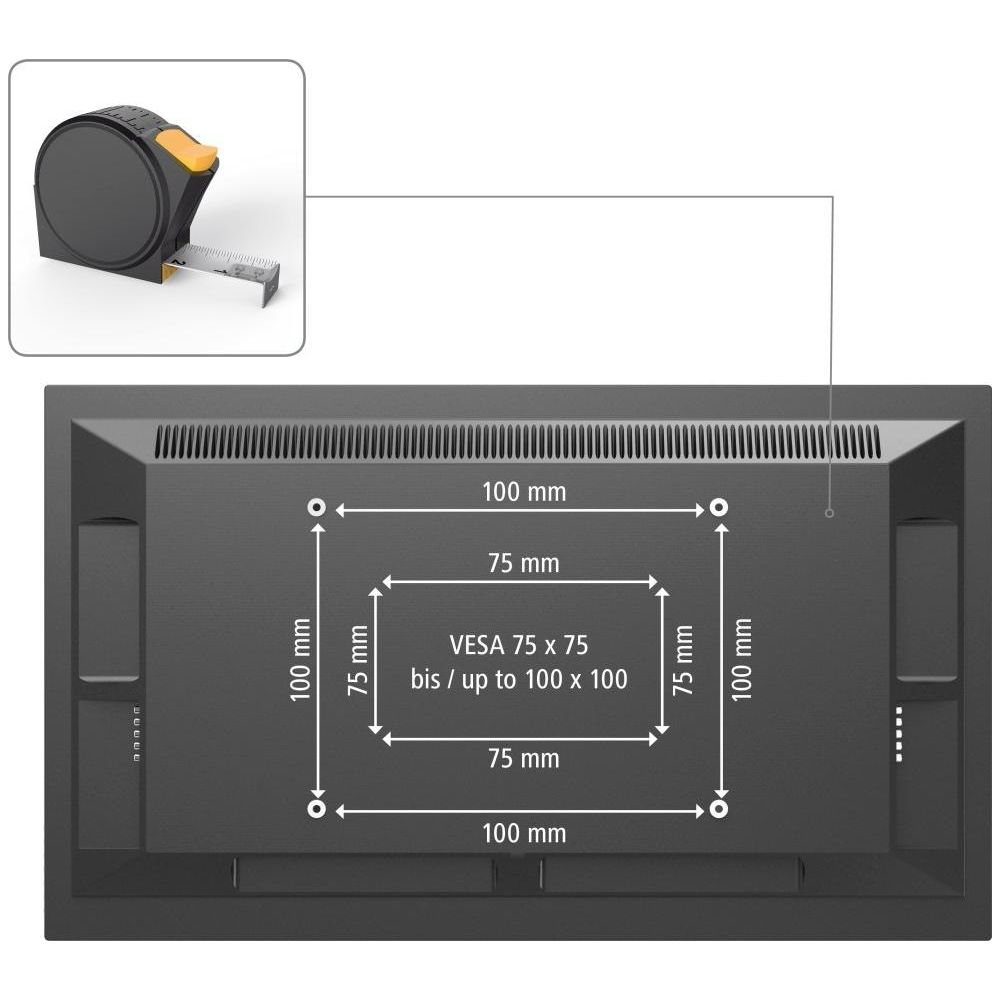 Rückseite eines Monitors mit VESA 75x75 bis 100x100 Montageabmessungen und einem Maßband oben links.