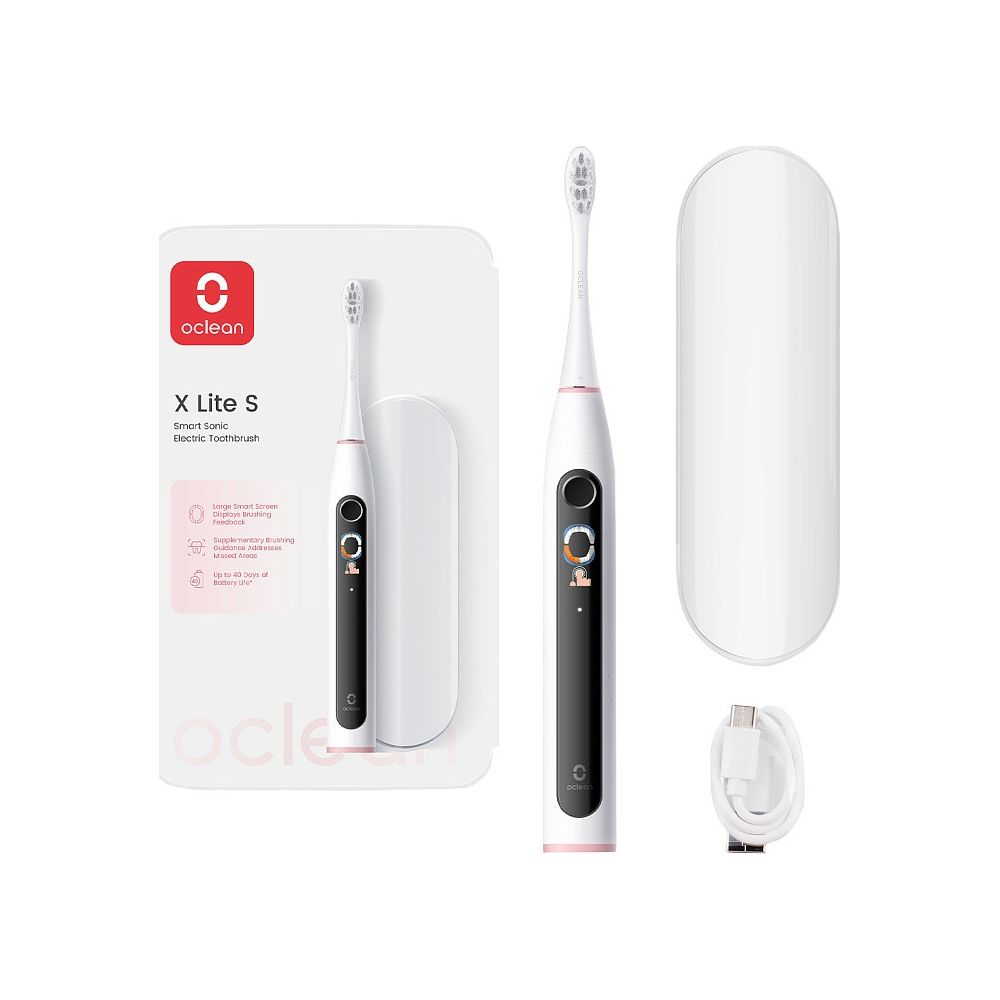 Spazzolino elettrico Oclean X Lite S con confezione, custodia e cavo di ricarica.