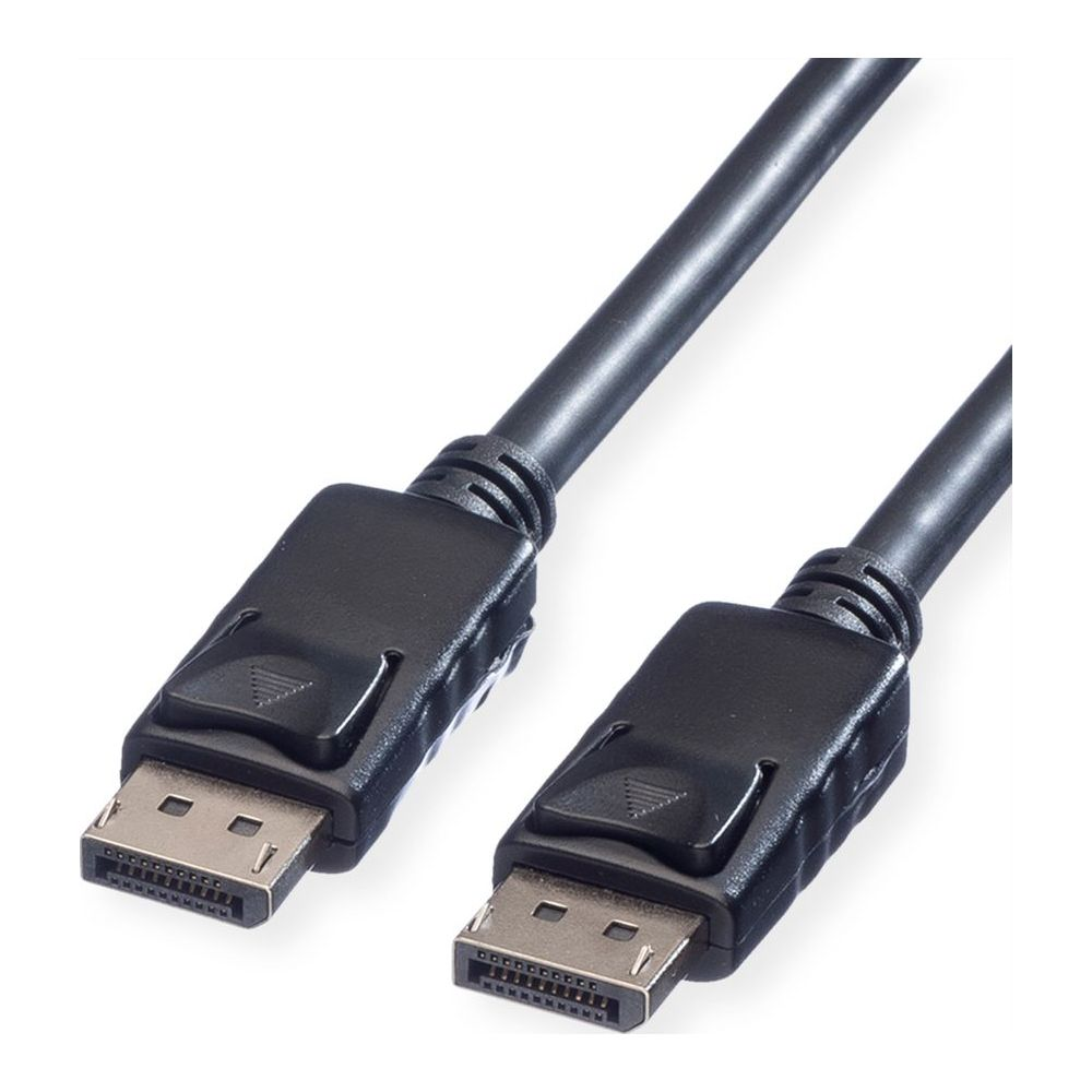 Zwei schwarze DisplayPort-Kabel mit Steckern auf weißem Hintergrund.