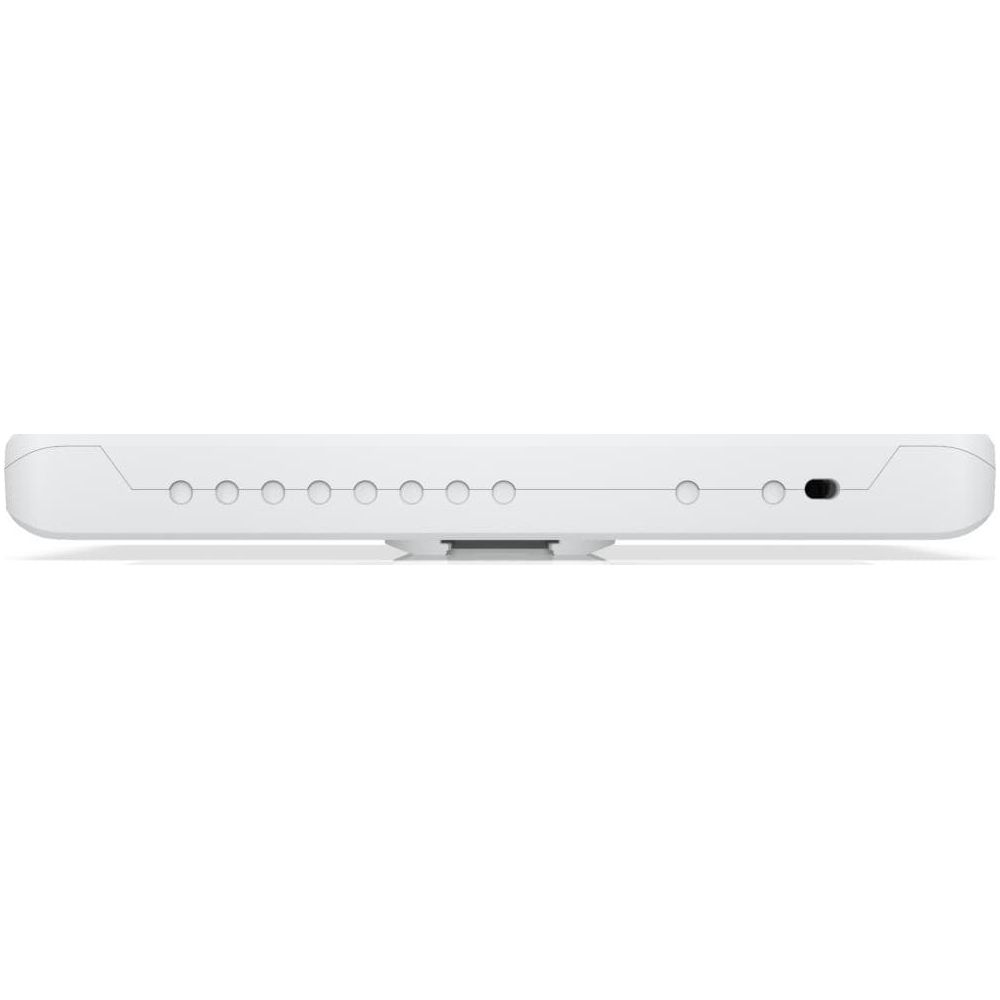 Un dispositivo elettronico bianco con pulsanti, spie luminose e una porta sul lato su sfondo bianco.
