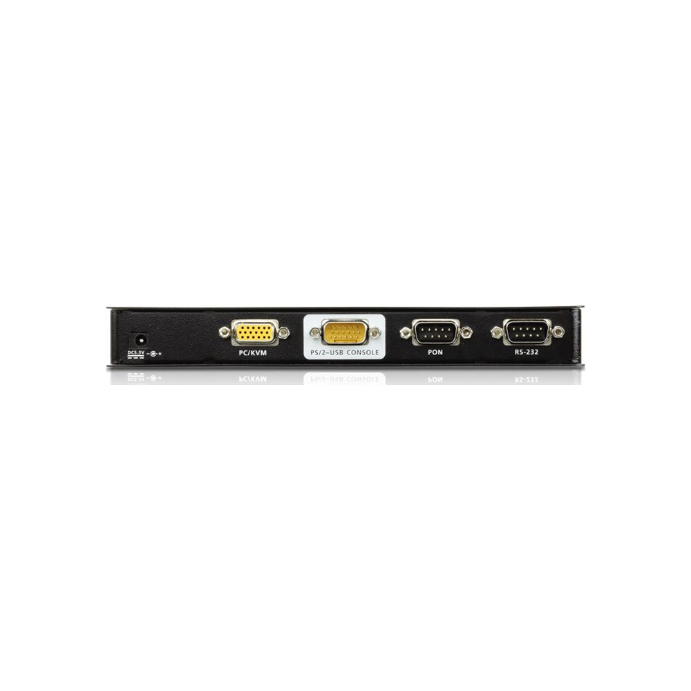Pannello posteriore di uno switch KVM nero con alimentazione DC, porte PC/KVM, console, PON e RS-232.