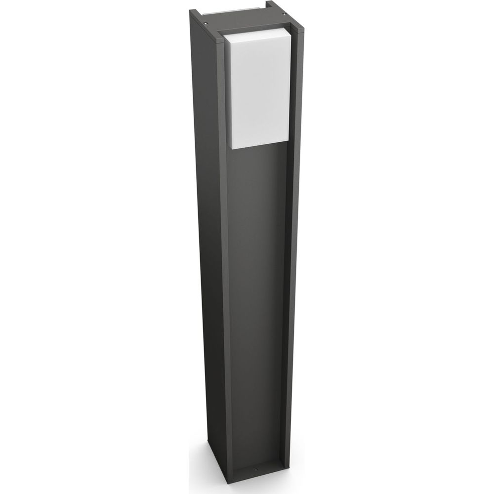 Moderna lampada da esterno grigio scuro con diffusore rettangolare bianco su sfondo bianco.