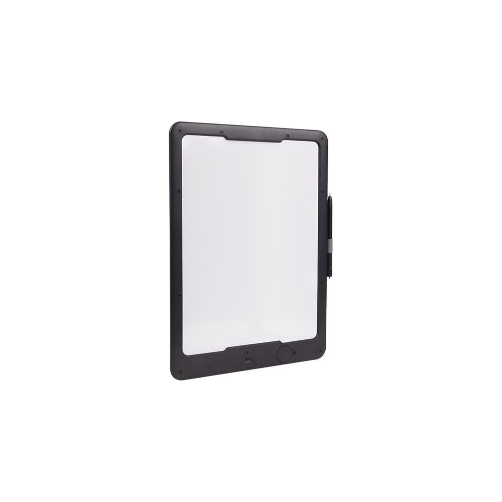 Elektroniczny czarny tablet do pisania z białym ekranem i rysikiem z boku na białym tle.