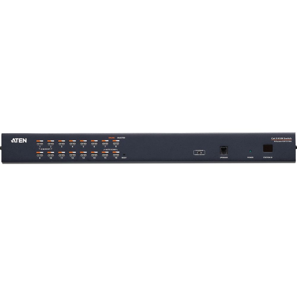 Beyaz arka planda on altı bağlantı noktası düğmesi, yükseltme bağlantı noktası ve güç LED'i olan siyah bir ATEN Cat 5 KVM Anahtarı.
